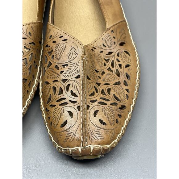 PIKOLINOS Jerez Loafer Brandy Saddle Leather Flats Womens 41 Floral Laser Cut - Picture 4 of 11